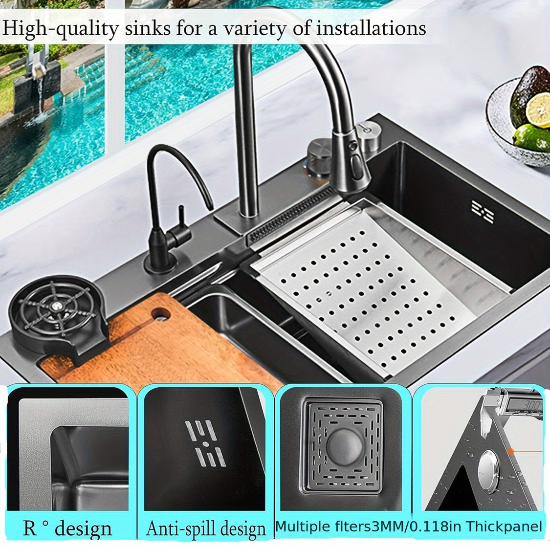 Stainless Steel Kitchen Sink with Waterfall Feature - Single Basin, Built-In/Under Countertop Design, Includes Faucet & Additions Kitchen Faucets for Sinks Kitchen Sink Faucet