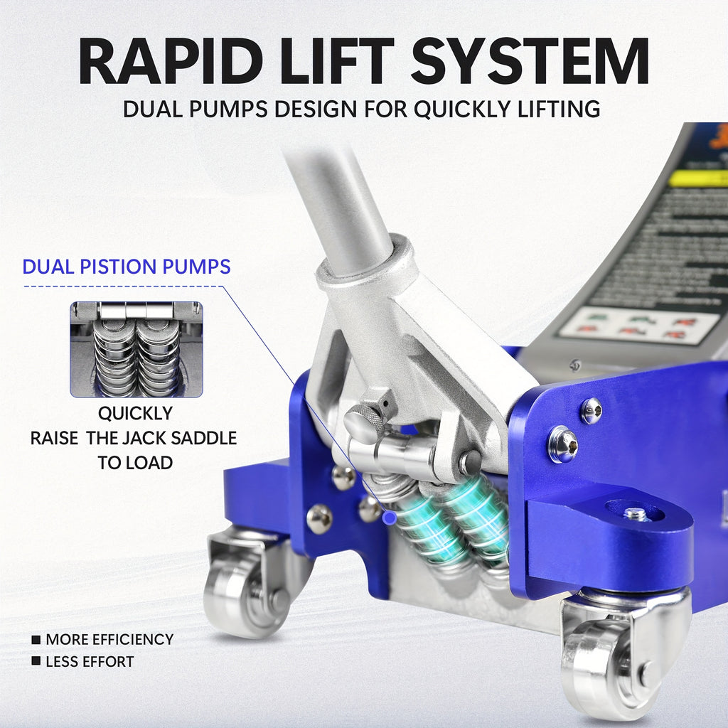 Hydraulic Low-Profile Racing Floor Jack Made of Aluminum And Steel, Featuring a Dual Piston Quick Lift Pump, Available in 1.5 Ton, 2.5 Ton, And 3 Ton Capacities