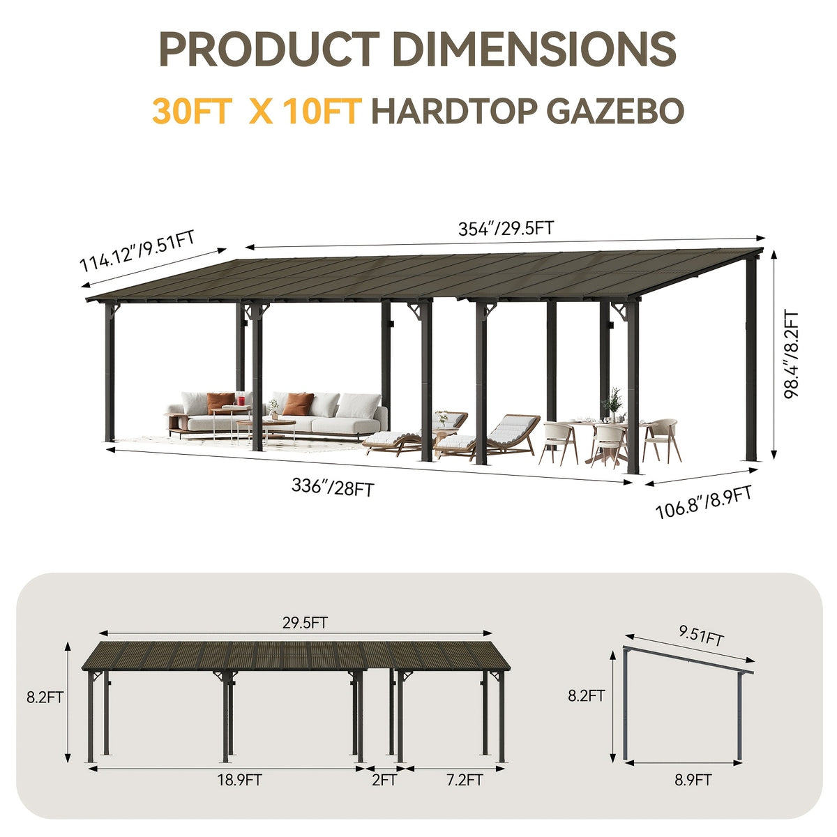 Outdoor Gazebo & Pergola Set - Hard Top Lean-to Wall Mounted Aluminum Alloy Awning With Canopy Roof, Outdoor All-Weather Cover For Patio, Backyard, Deck, Shade & Rain Protection(Multi-size Selection)
