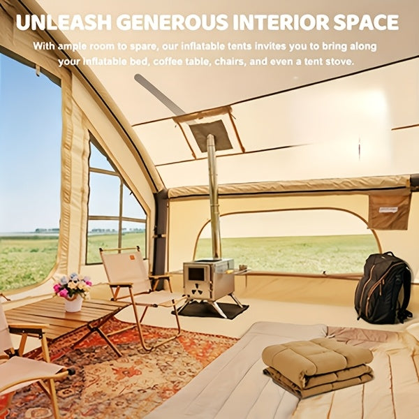 Inflatable Camping Tent（Optional: Skylight, Stove Jack） for 4-6 Person,4 Season Camping Tent, Large Luxury Air Tent with Manual Pump, Easy Setup Portable Glamping House, High Quality Windproof Family Outdoor Shelter Best Valentine's Day Gifts