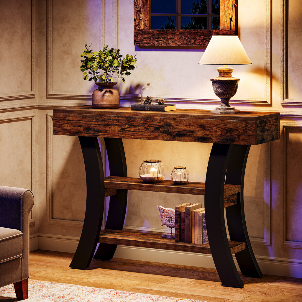 41" Rustic Brown 3-Tier Console Table with Curved Frame & Storage Shelves - Heavy-Duty Engineered Wood Construction, 3-Tier Design, Sturdy Base