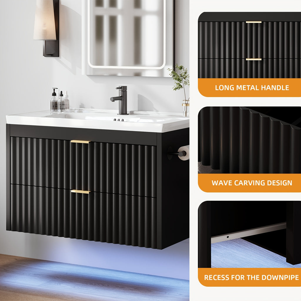 24" Wall Mount Floating Bathroom Vanity with LED Lighting, 3-Hole Ceramic Sink Included, Wave Fluted Textured Cabinet Door, 2 Soft Close Drawers, Modern Suspended Bathroom Vanity Cabinet for Small Bathrooms, Black & White Optional