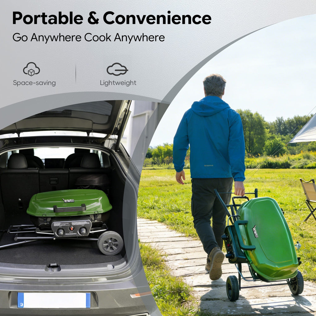 Portable 2-Burner Camping Propane Gas Grill, Enameled Foldable BBQ with Griddle for Outdoor Cooking, Green