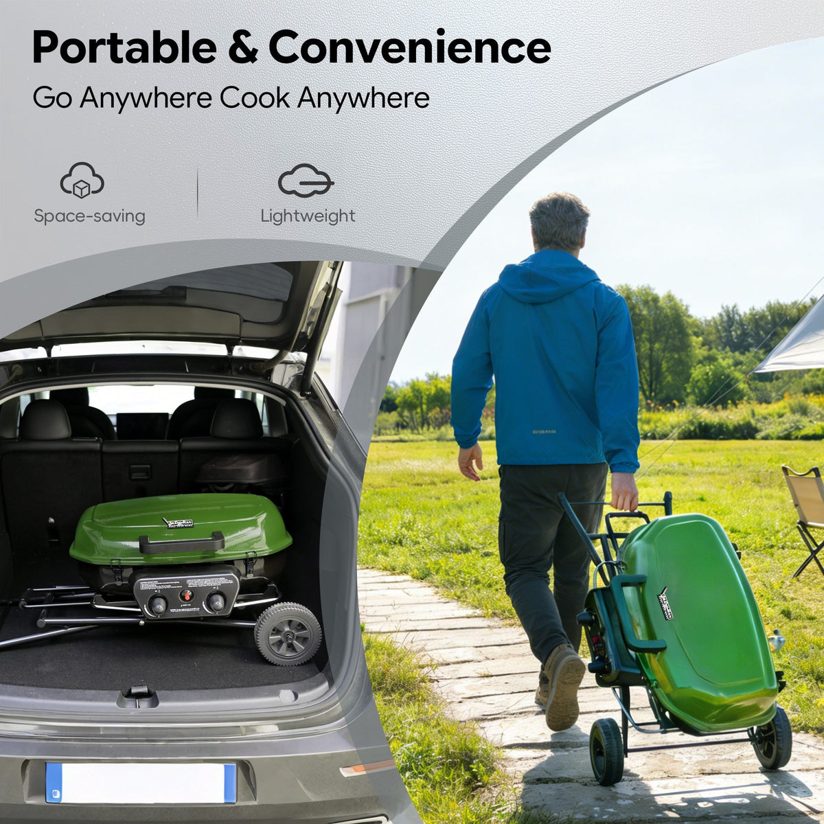 Portable 2-Burner Camping Propane Gas Grill, Enameled Foldable BBQ with Griddle for Outdoor Cooking, Green