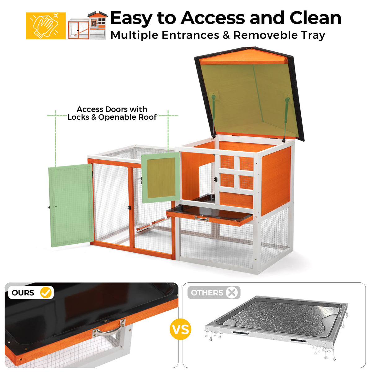 2-Tier Wood Rabbit Hutch, Indoor Outdoor Small Animal House with Removable Tray, Ramp, Openable Roof, Bunny Cage, Grey/Orange with Colorful Patterns