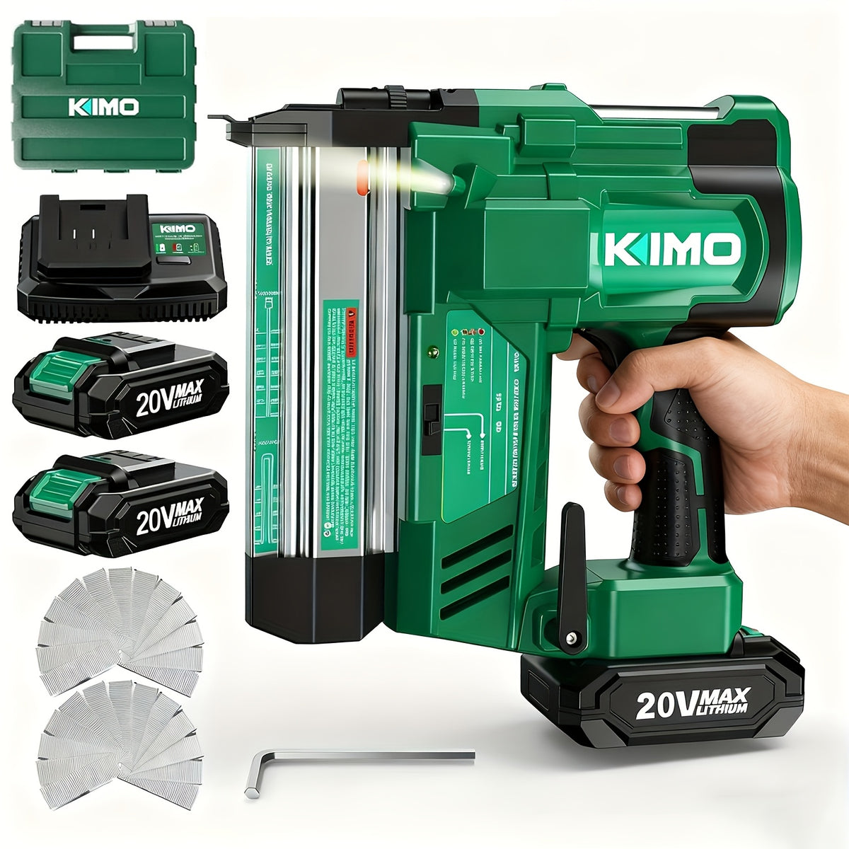 KIMO 20V Brushless Cordless Brad Nailer And Staple Gun, 2-in-1 Power Tool Kit with 2 Batteries, Fast Charger, 1000pcs 18G Nails & Staples for Woodworking, Carpentry, And DIY Projects