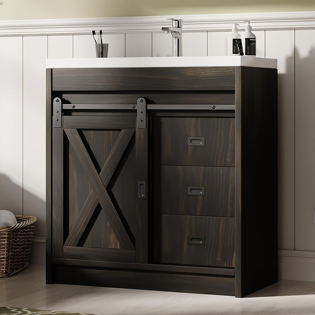 [Farmhouse Vanity With Sink] 31-Inch Farmhouse Style Bathroom Vanity With Ceramic Sink, Wall-Mounted Bathroom Sink Cabinet, With 2 Drawers And Sliding Barn Door, Modern Bathroom Vanity, With Metal Handles, Brown/Gray/Gray-White/White