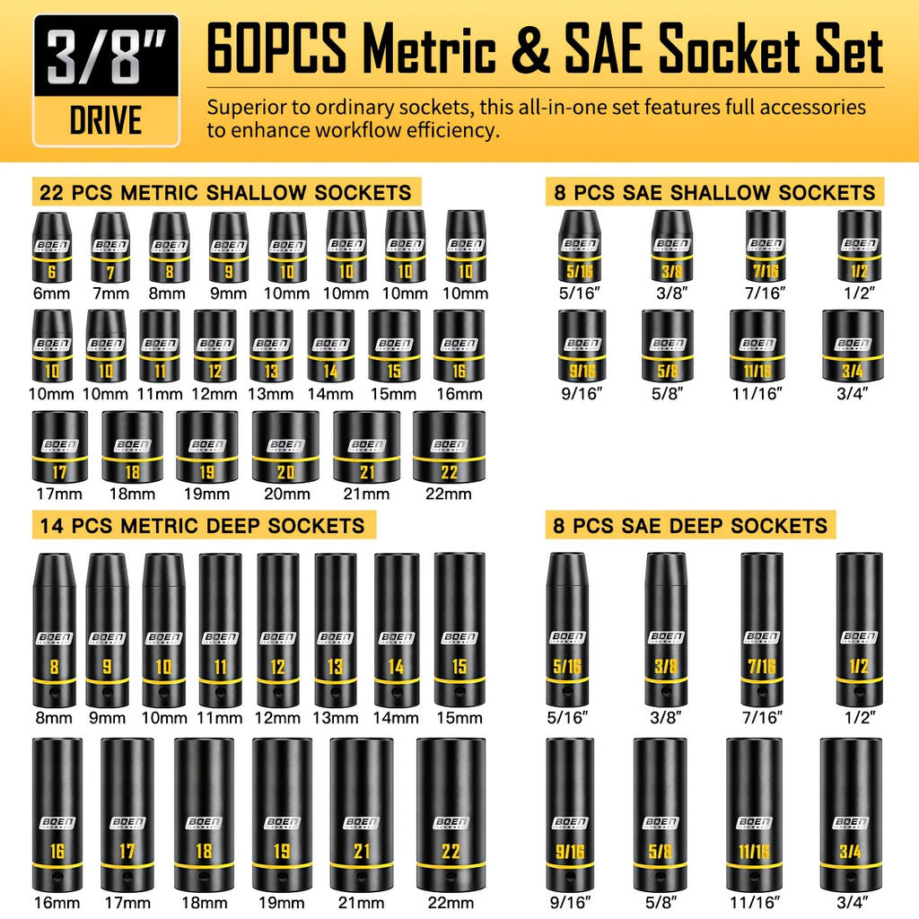 [60pcs Socket Set] BOEN 60pcs 3/8" Drive Impact Socket Set, 6-Point Sockets, Metric 6-22Mm & SAE 5/16"-3/4", Shallow & Deep Sockets, Ratchet Wrench Included, 7pcs 10Mm Sockets with Yellow Embossed Marking for Automotive Repair