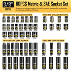 [60pcs Socket Set] BOEN 60pcs 3/8" Drive Impact Socket Set, 6-Point Sockets, Metric 6-22Mm & SAE 5/16"-3/4", Shallow & Deep Sockets, Ratchet Wrench Included, 7pcs 10Mm Sockets with Yellow Embossed Marking for Automotive Repair