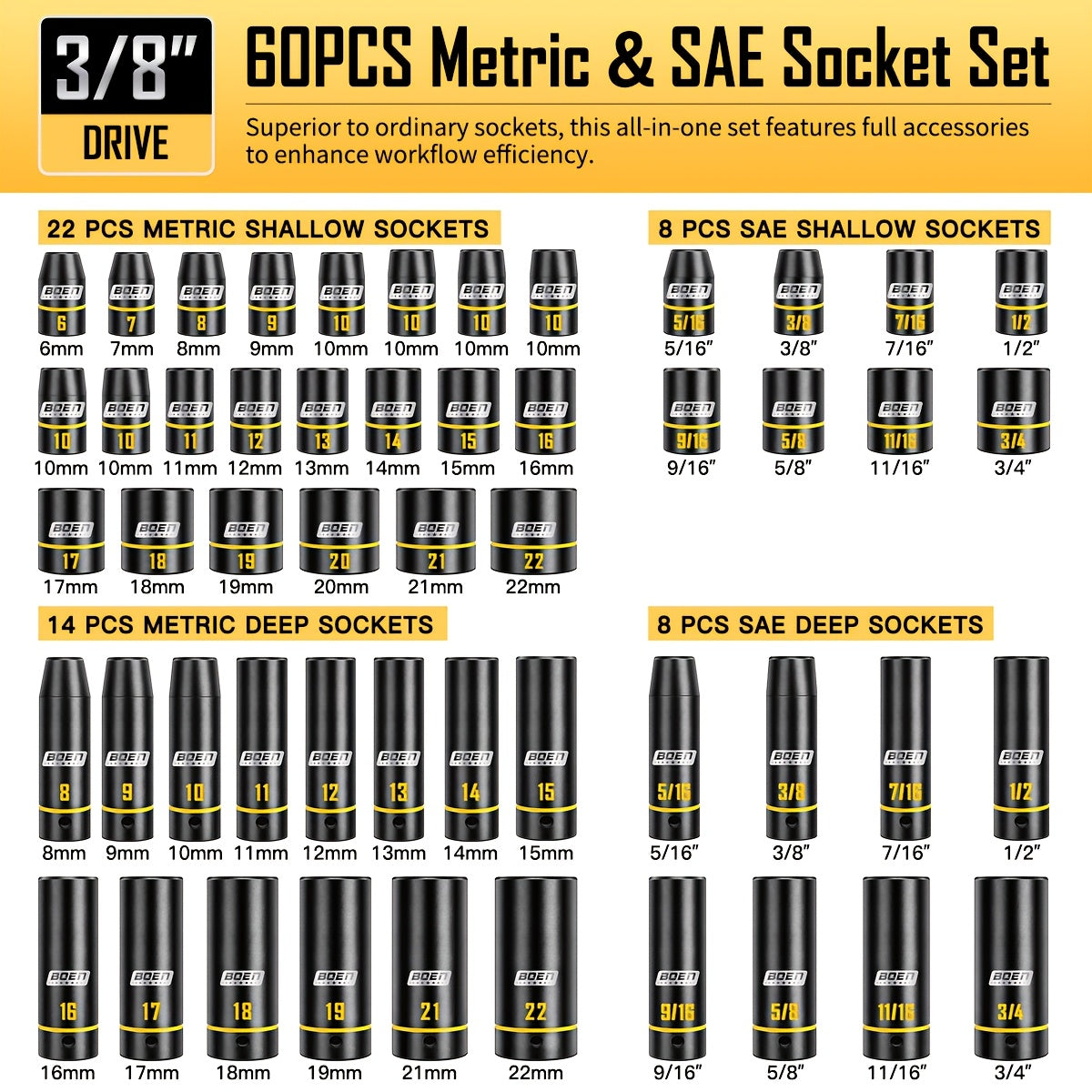 [60pcs Socket Set] BOEN 60pcs 3/8" Drive Impact Socket Set, 6-Point Sockets, Metric 6-22Mm & SAE 5/16"-3/4", Shallow & Deep Sockets, Ratchet Wrench Included, 7pcs 10Mm Sockets with Yellow Embossed Marking for Automotive Repair