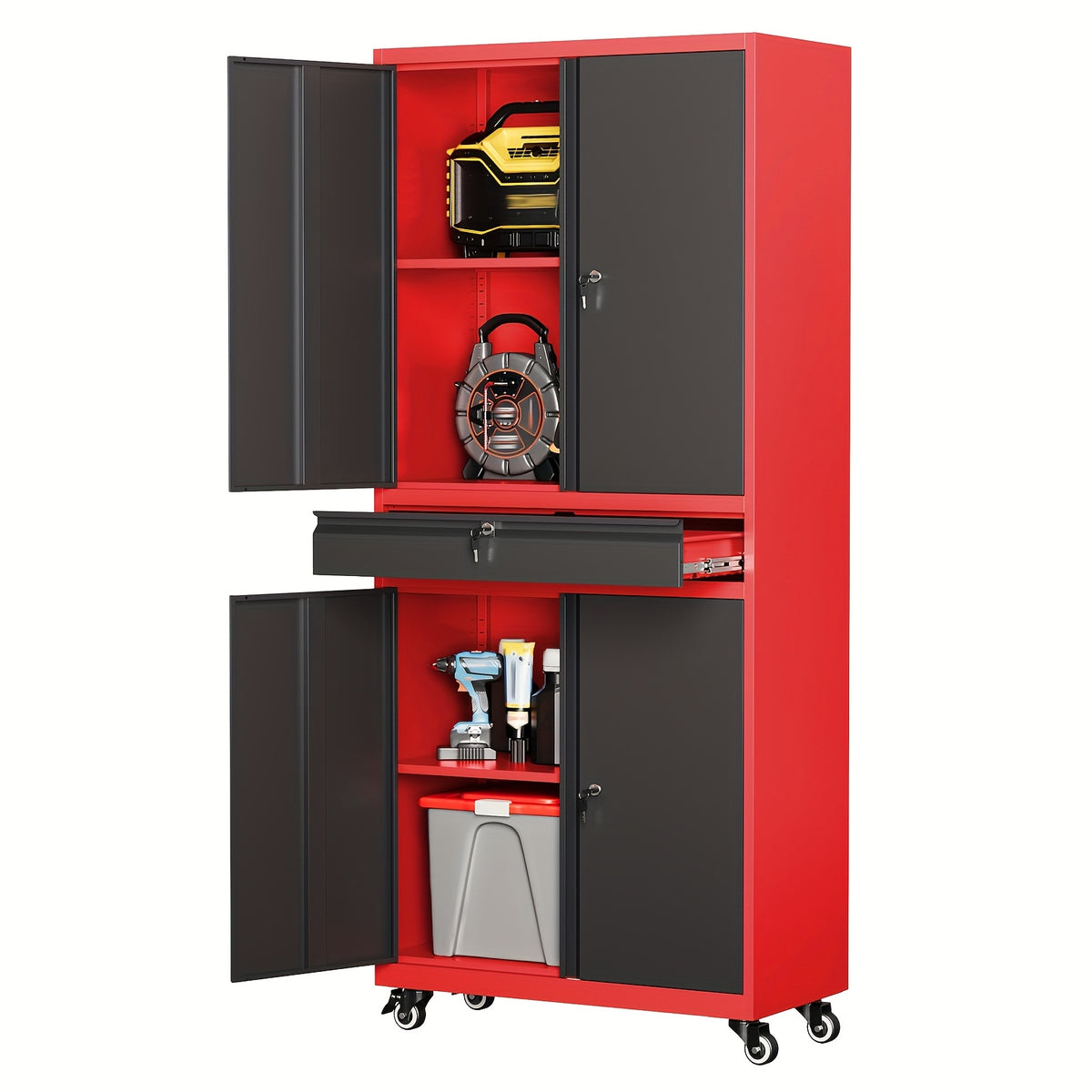 73" Heavy-Duty Steel Garage Storage Cabinet with Lockable Doors & 4-Wheel Mobility System, 1-Drawer Tool Cabinet with Spacious Work Surface - Modern Floor-Standing Design for Home Garage Organization, Workshop Storage, Assembly Required (Locks Not Include