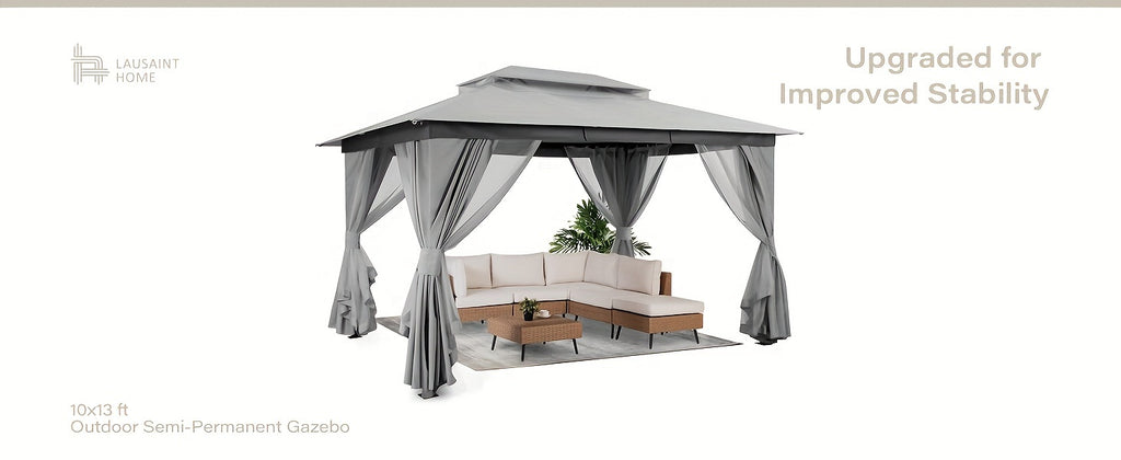 Outdoor Gazebo 10x13 ft by KAMEROUT with Double Roof and Mesh Privacy Screens for Backyard Gatherings