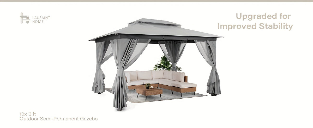Outdoor Gazebo 10x13 ft by KAMEROUT with Double Roof and Mesh Privacy Screens for Backyard Gatherings
