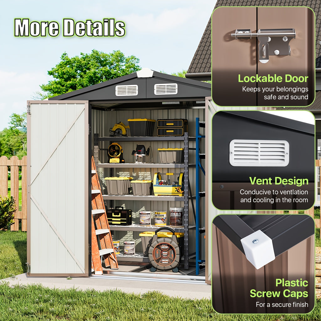 6X4/8X6/10X8/10X12Ft Gable Roof Metal Storage Shed, Heavy Duty Outdoor Garden Shed with Lockable Doors And Vents, Weather-Resistant Utility Shed for Backyard Tools, Brown/Black