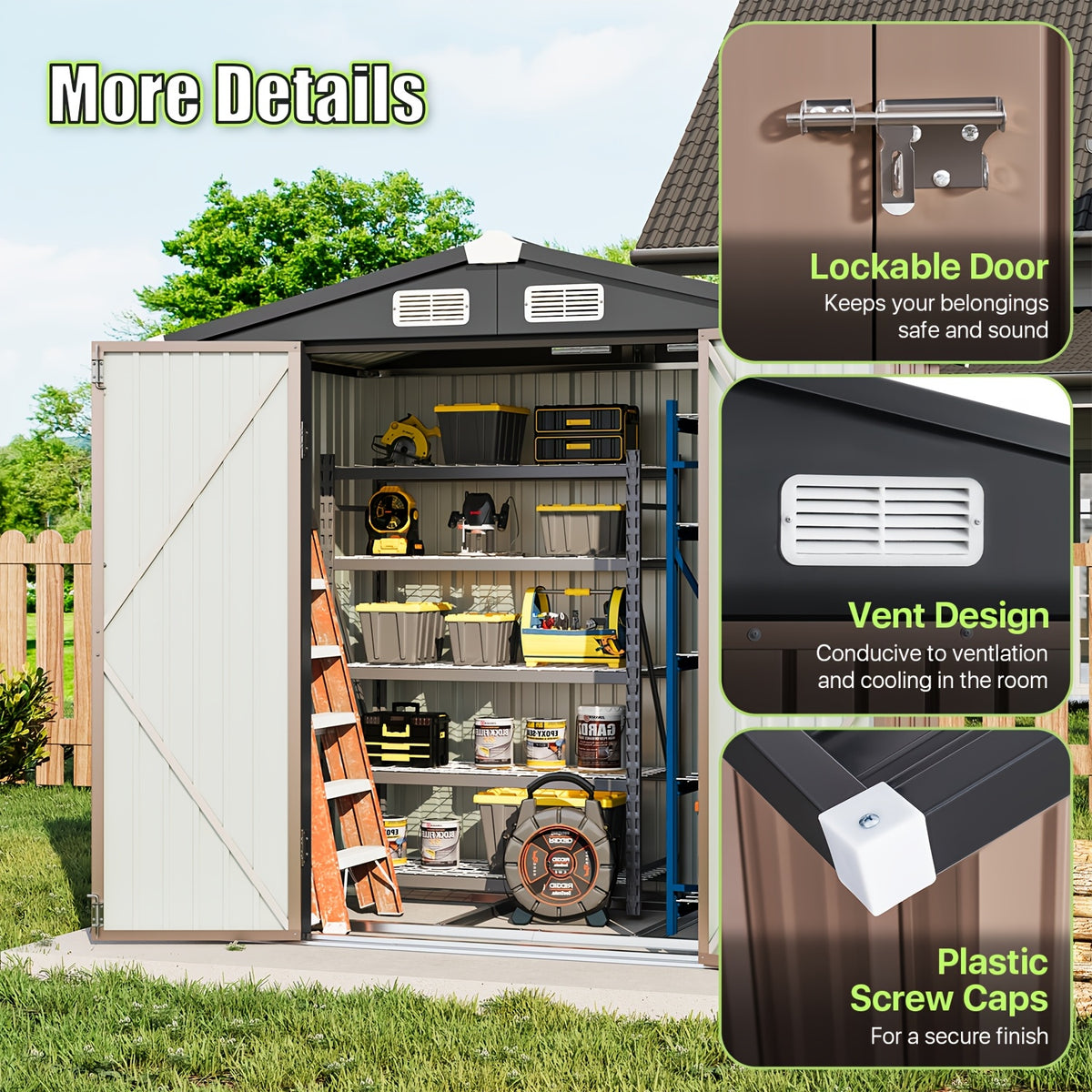 6X4/8X6/10X8/10X12Ft Gable Roof Metal Storage Shed, Heavy Duty Outdoor Garden Shed with Lockable Doors And Vents, Weather-Resistant Utility Shed for Backyard Tools, Brown/Black