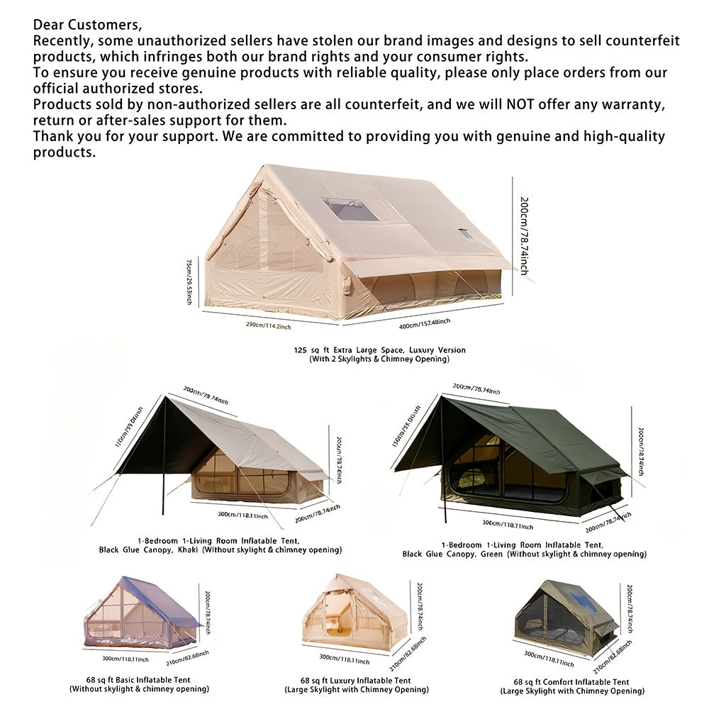Inflatable Camping Tent（Optional: Skylight, Stove Jack） for 4-6 Person,4 Season Camping Tent, Large Luxury Air Tent with Manual Pump, Easy Setup Portable Glamping House, High Quality Windproof Family Outdoor Shelter Best Valentine's Day Gifts