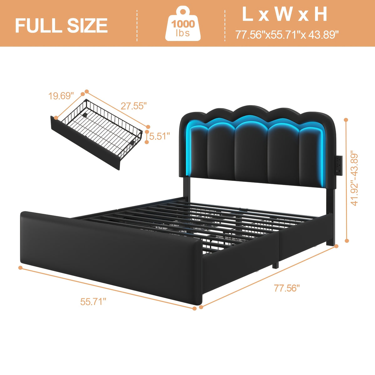 Upholstered Platform Bed Frame with 4 Storage Drawers & Adjustable Headboard, Full/Queen Size Bed Frame with LED Lights & Charging Station, Strong Metal Slats Support, No Box Spring Needed, Easy Assembly, Black/White