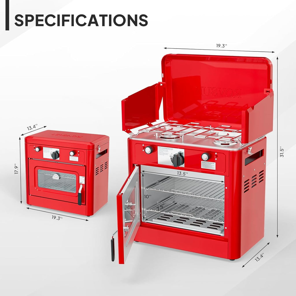 MEFEIR 2-in-1 Camping Stove with Propane Oven, Portable 2 Burner Stove & Outdoor Oven Combo with Auto-ignition & Thermometer for Camping Backyard Picnic
