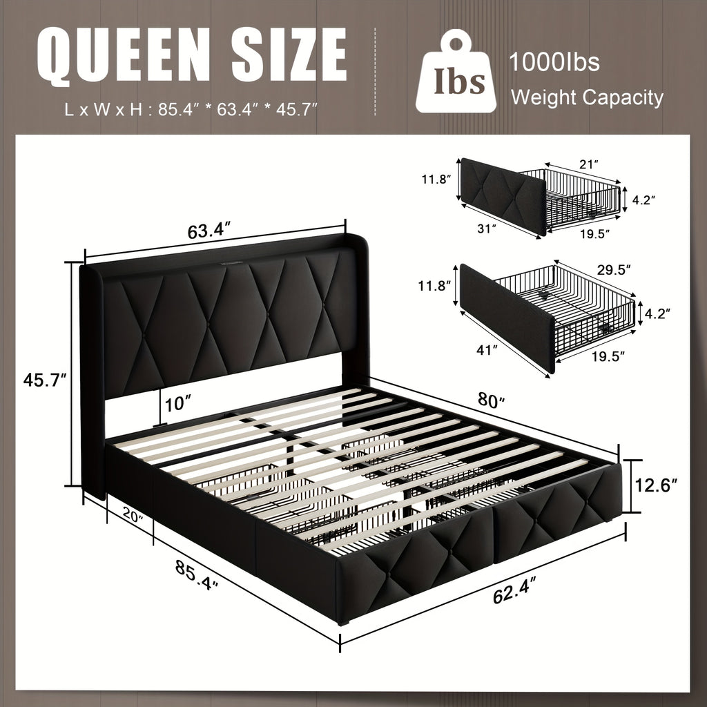 Halence 4 Drawers Storage Bed Frame With Wingback Headboard, Headboard With Built-in Charging Design, Metal And Hardwood Support, Easy Assembly, Suitable For Master Bedroom, Bed Frame Without Mattress