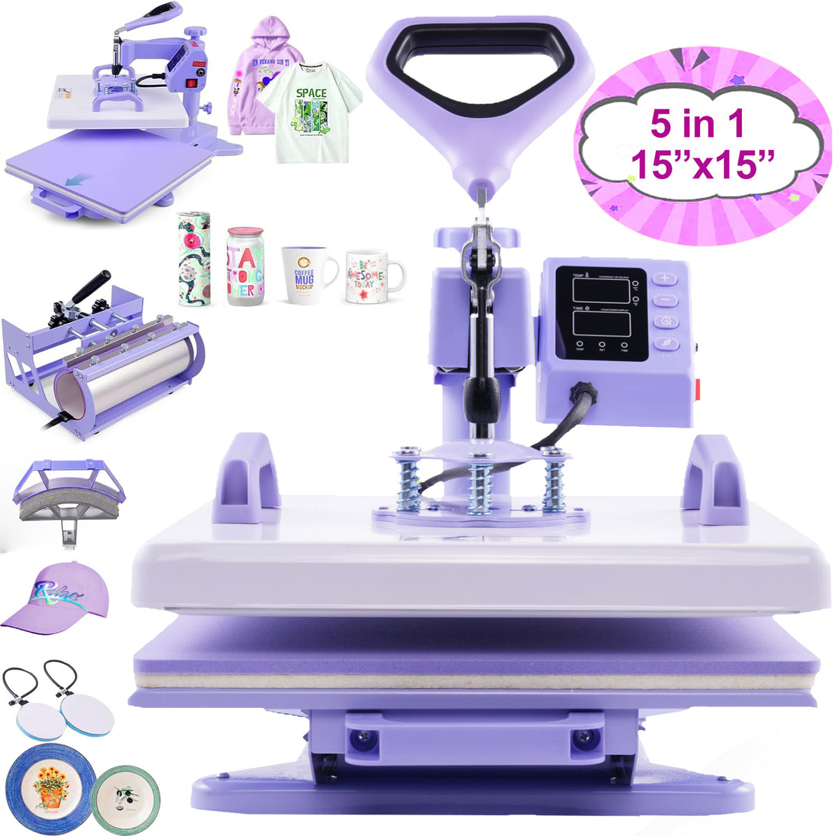 Heat Press Machine 15 x 15 Inch by HOMDOX — 5-in-1 or 8-in-1 Swing-Away Combo for Shirts and Tumblers