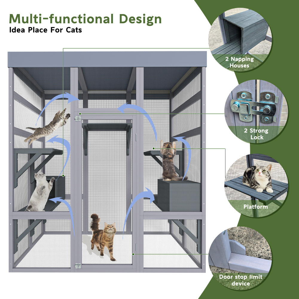 [Outdoor Catio Enclosure] 62.6 Inch Large Wooden Outdoor Catio Enclosure for Cats | Secure Pet Cage with Roof & Rust-Proof Wire Mesh | Includes 2 Napping Houses & Multi-Level Platforms for Backyard & Patio