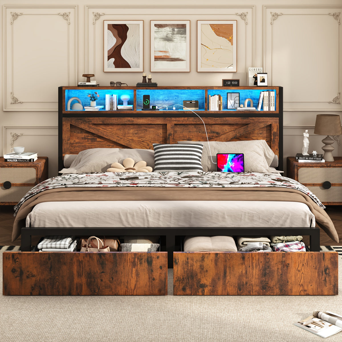 Farmhouse Bed Frame with Storage Headboard, LED Lights, Charging Station and 2 Drawers, Arrow Design, No Box Spring Needed, Rustic Brown