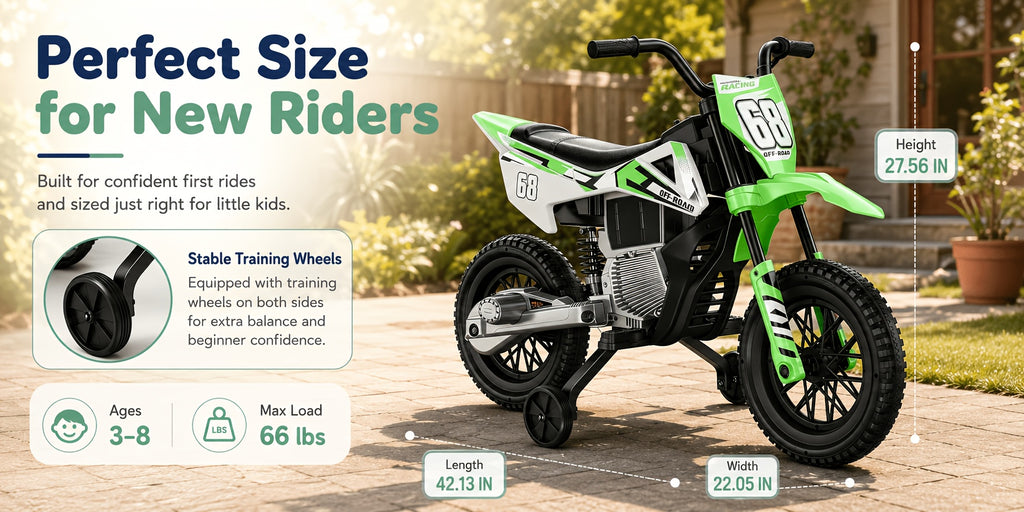 12V Kids'Ride-On Motorcycle, Upgraded Dual Motors, Training Wheels for Safety, Twist Throttle Control & Built-in Music, Perfect Gift for Kids Ages 3+