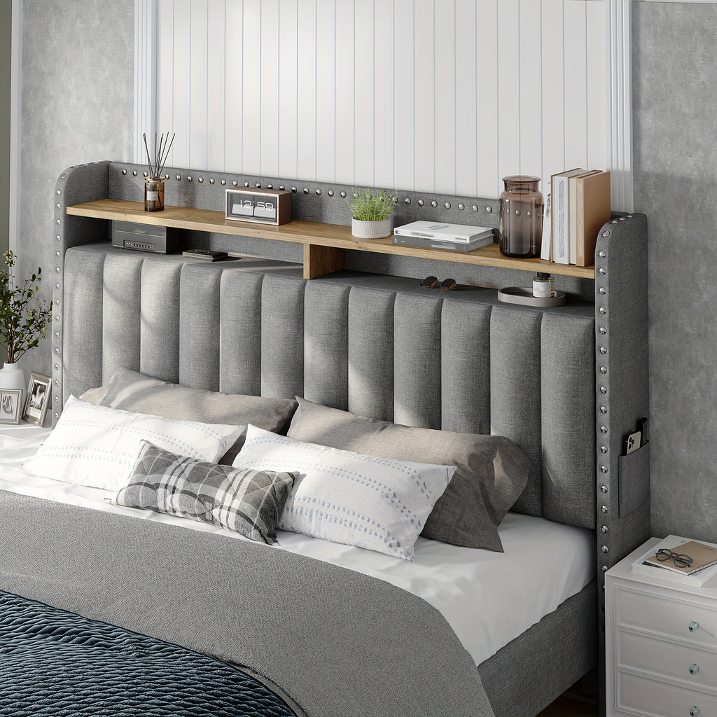 Soft Upholstered Bed Frame with 2 Storage Drawers Full/Queen/King Size Low Profile Platform Bed Base, Heavy Duty 1000lbs Steel Frame, No Box Spring Needed for Apartments/Dorms | Easy Assembly (Gray/Beige)