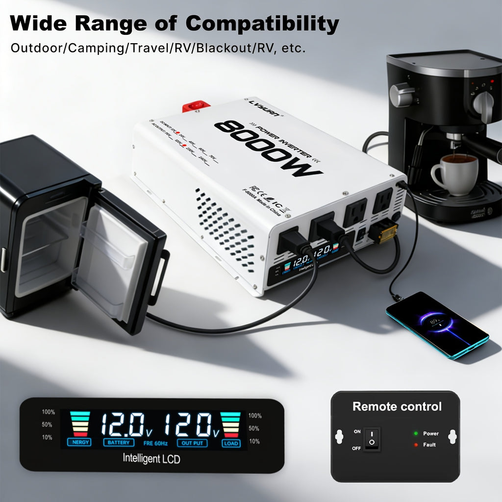 LVYUAN Power Inverter, 8000W (peak), 12V DC to 110V/120V AC Converter, Suitable for Homes, RVs, Boats, Off-grid Solar Systems, And Vehicles. Features USB Charging Ports, 4 AC Power Outlets, Dual USB Ports, An LCD Display, And A Remote Control.