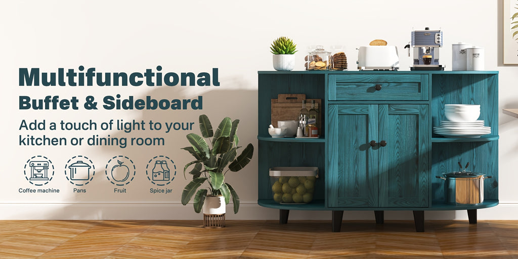 Sideboard Buffet Cabinet, Freestanding Kitchen Cabinet with Storage, Accent Coffee Bar Cabinet with Doors, Vintage Blue