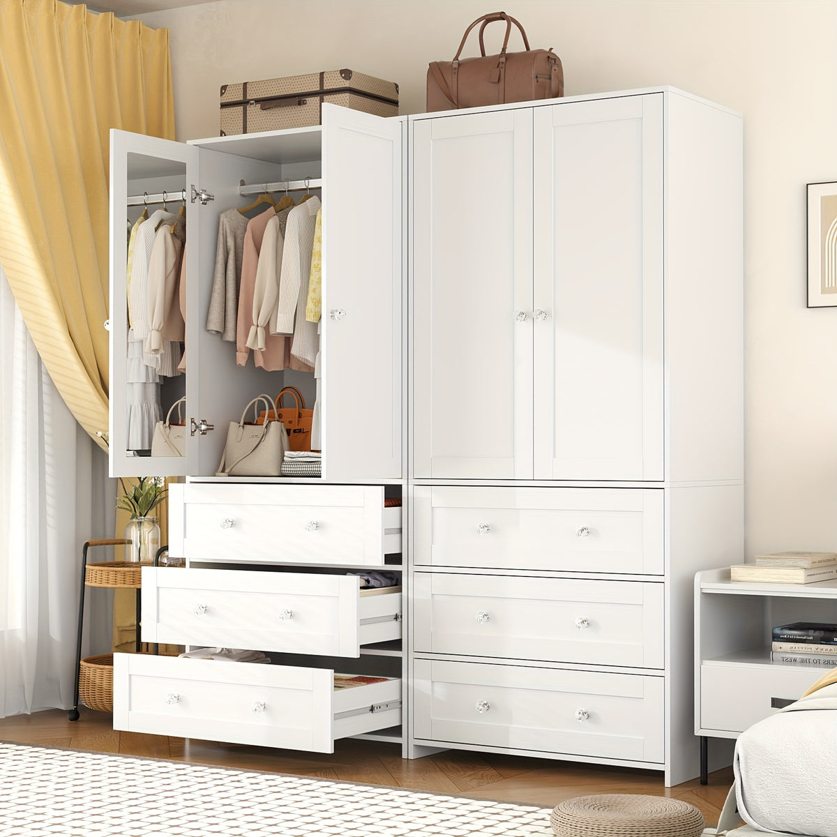 31.5" /47.3"/63" Wardrobe Armoire Closet with Mirror & Hanging Rod, Large Drawers & 2/3/4 Doors