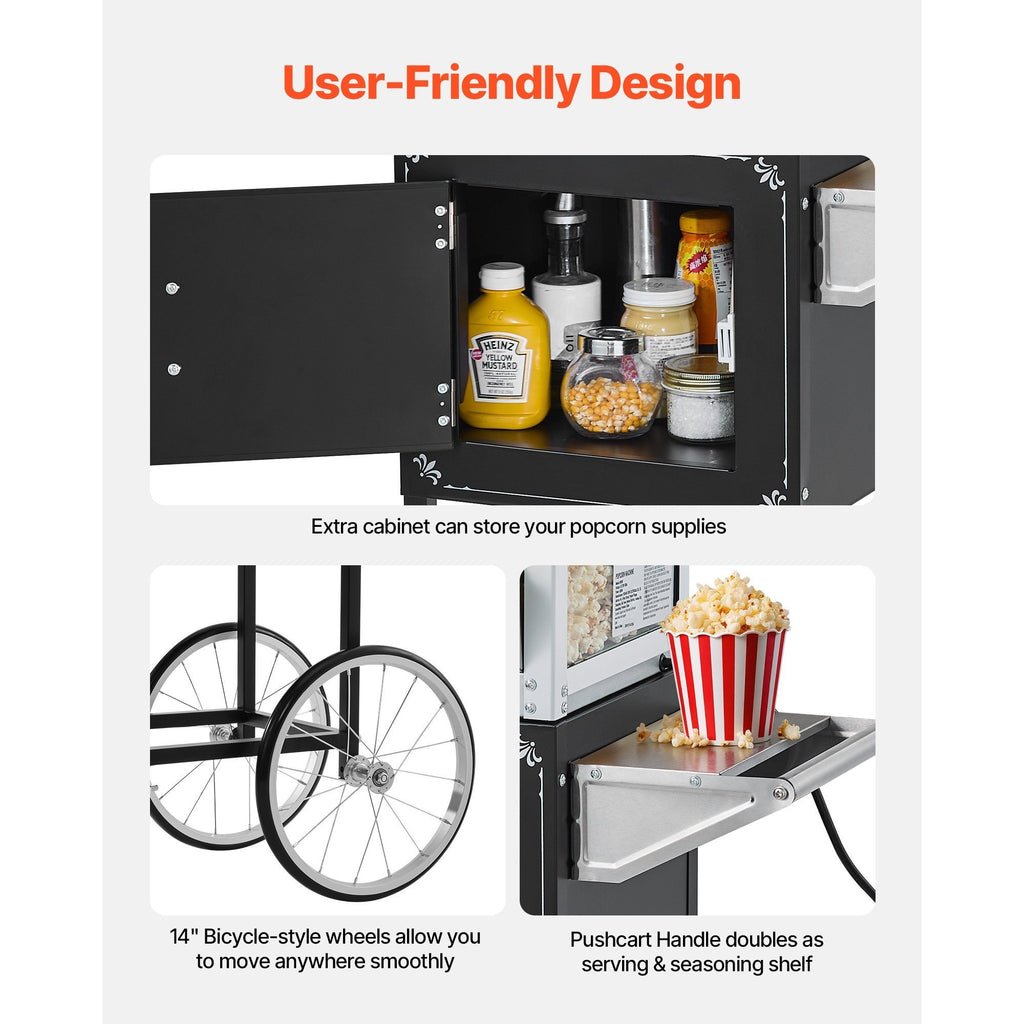 VEVOR Popcorn Machine with Cart Popcorn Popper Maker 800W 8oz Kettle 48 Cups Black/ Red/ White