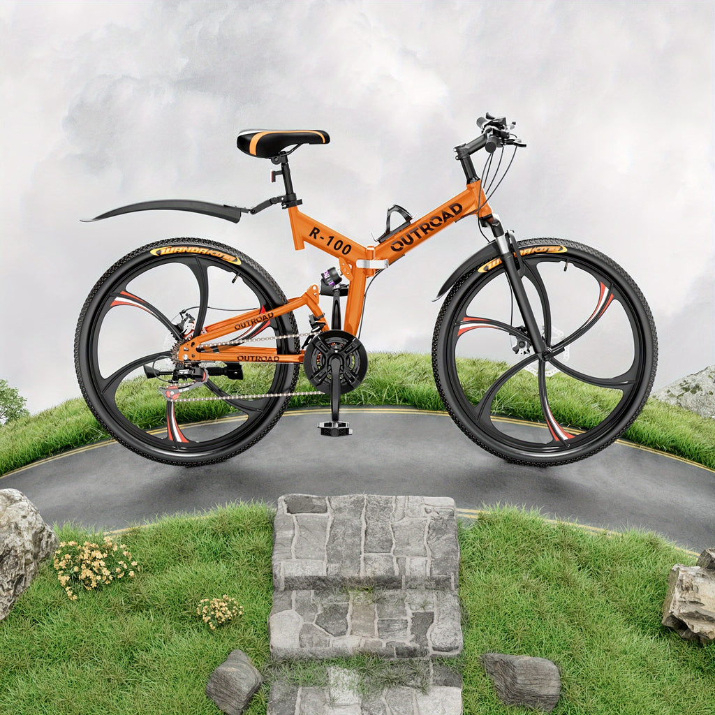 26 Inch Adult Folding Bikes/Mountain Bikes, 21 Speeds Mountain Bicycles with Full Suspension, Dual Disc Brake, High Carbon Steel Frame, Foldable Bike for Men/Women/Teen (Black&Orange)