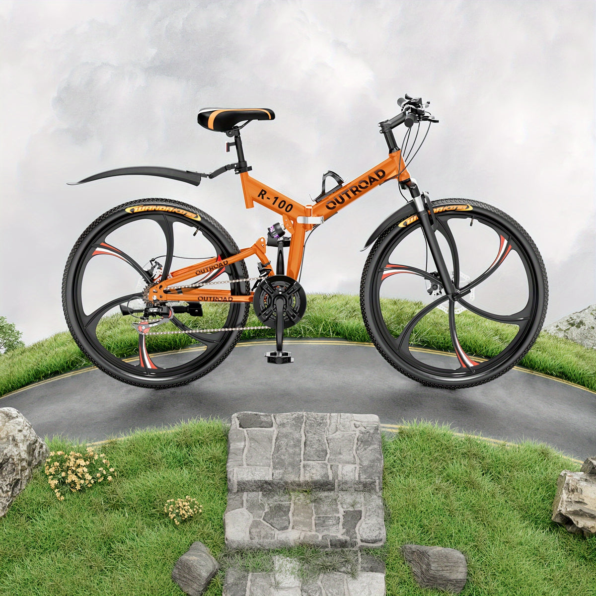 26 Inch Adult Folding Bikes/Mountain Bikes, 21 Speeds Mountain Bicycles with Full Suspension, Dual Disc Brake, High Carbon Steel Frame, Foldable Bike for Men/Women/Teen (Black&Orange)