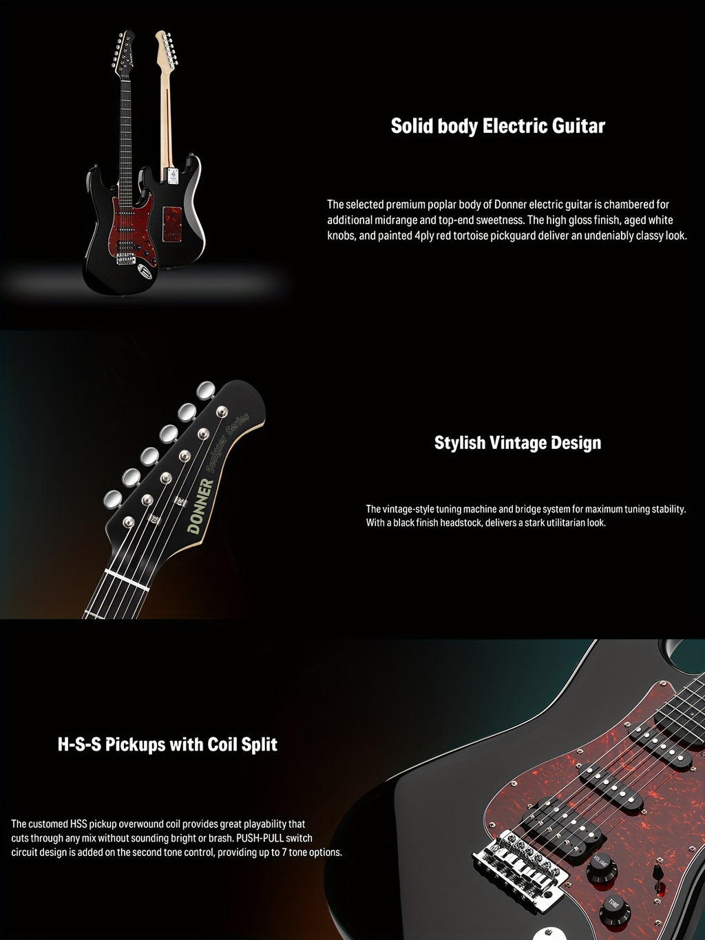 Donner 39 Inch Electric Guitar, Designer Series DST-200 Stylish Solid Body Electric Guitar for Beginner Intermediate & Pro Players, Single Coil Split System, Bonus Bag, Cable, Strap