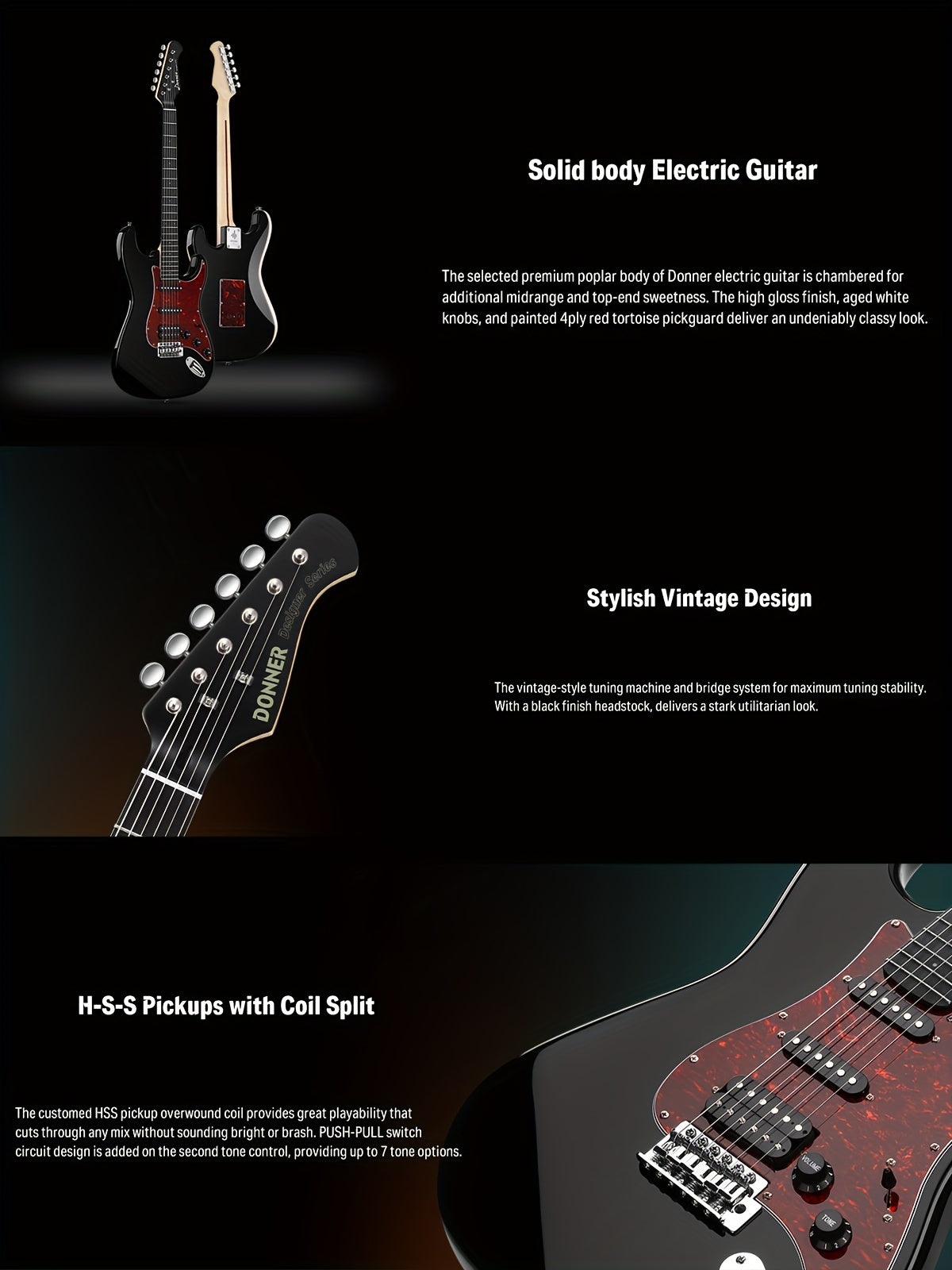 Donner 39 Inch Electric Guitar, Designer Series DST-200 Stylish Solid Body Electric Guitar for Beginner Intermediate & Pro Players, Single Coil Split System, Bonus Bag, Cable, Strap