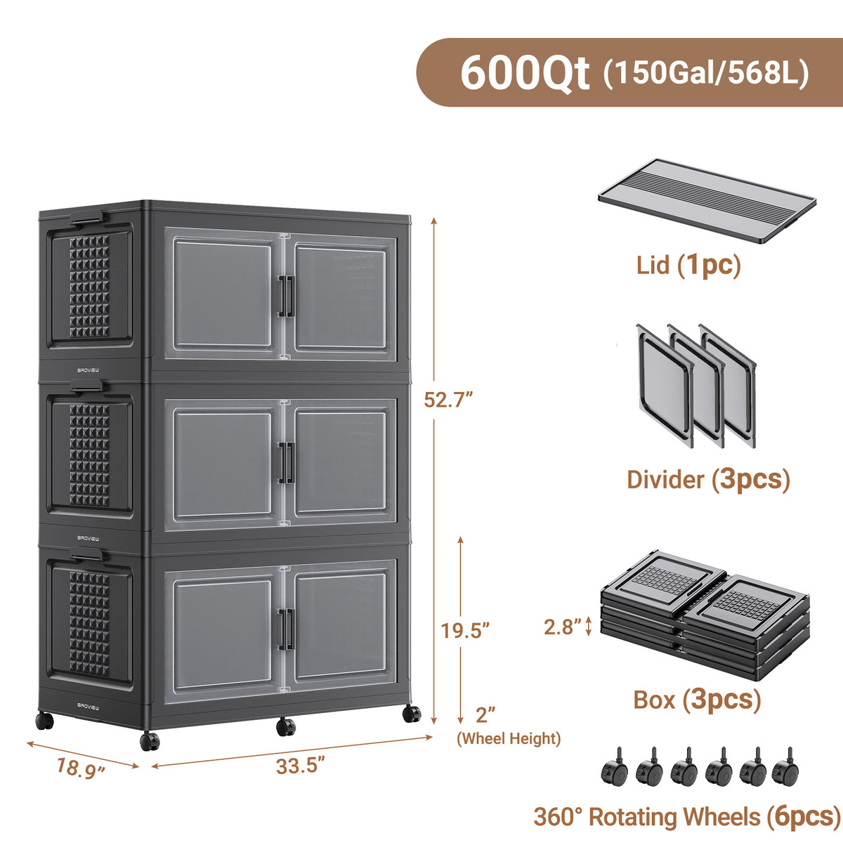 BROVIEW 150Gal/200Gal Plastic Storage Bins with Lid and Wheels, 3Pack/4Pack 600Qt/800Qt Extra Large Stackable Storage Bins With Dividers, Closet Organizers and Storage Cabinet Shelves Collapsible Box for Home Office, Black/White