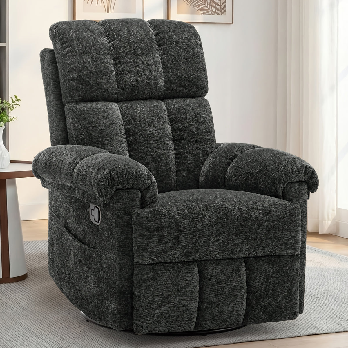 Living Room Single Chair, 360° Swivel Rocking Chair, Manual Rocking Chair for Small Spaces, Rocking Chair with Side Pockets And Armrest Storage, Deep Seat Cushion And Plush Backrest, Chenille Fabric, a Recliner Suitable for The Living Room