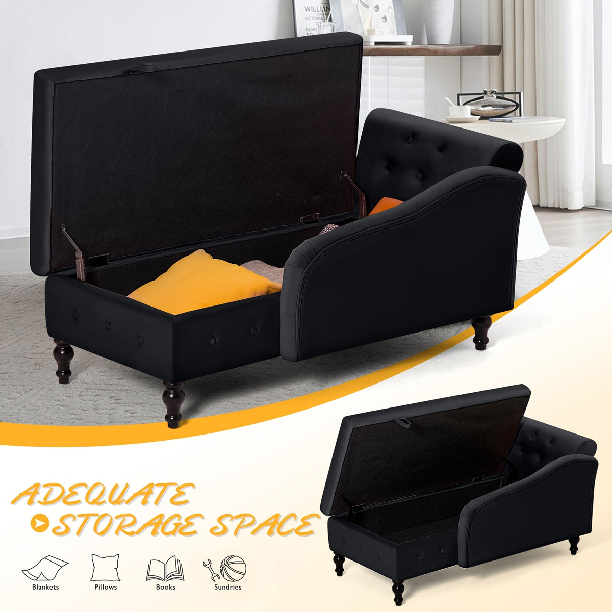 ACMEASE Classic Nailhead Trim Velvet Storage Chaise Lounge 57", Upholstered Chaise Sofa With Pillow & Turned Wood Legs For Living Room Decor