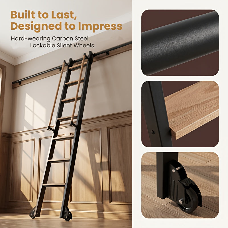 Rolling Library Ladder with 6.6' Slide Rails, 96' Roller Ladder with Wheels And Handrails, Space Saving Rail Mount Ladder for Bookshelf, Loft, Closet, Home