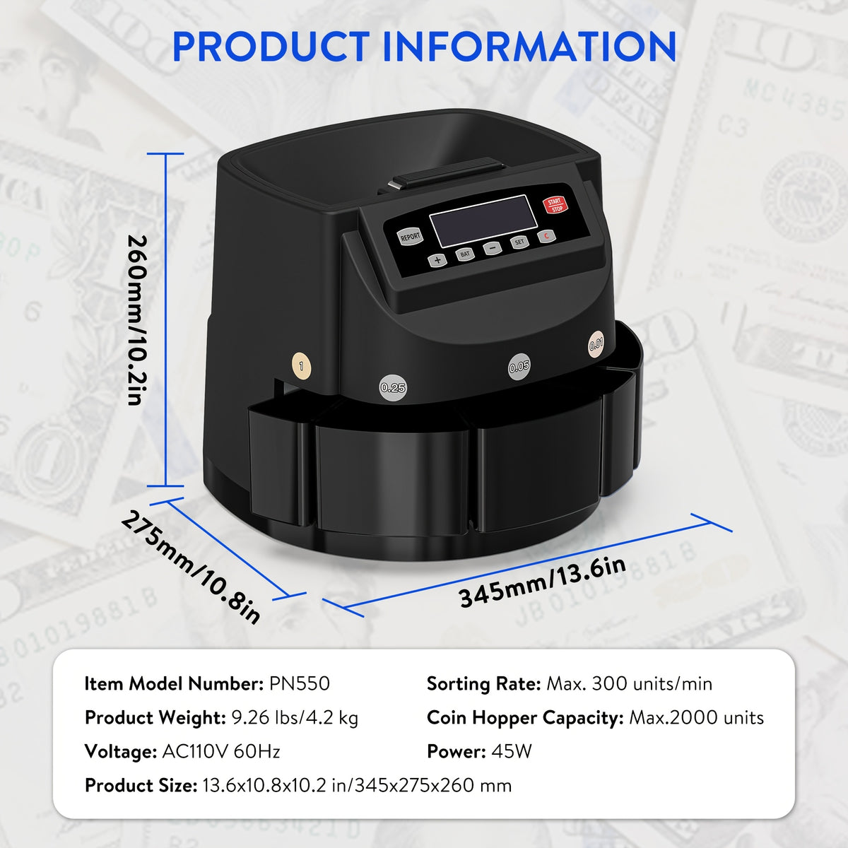 Coin Counter Machine Sorter, Change and Wrapper Roller Counting Organizer, Sorts up to 300 Coins Per Minute, Automatically Sorts and Batches, Office Supplies