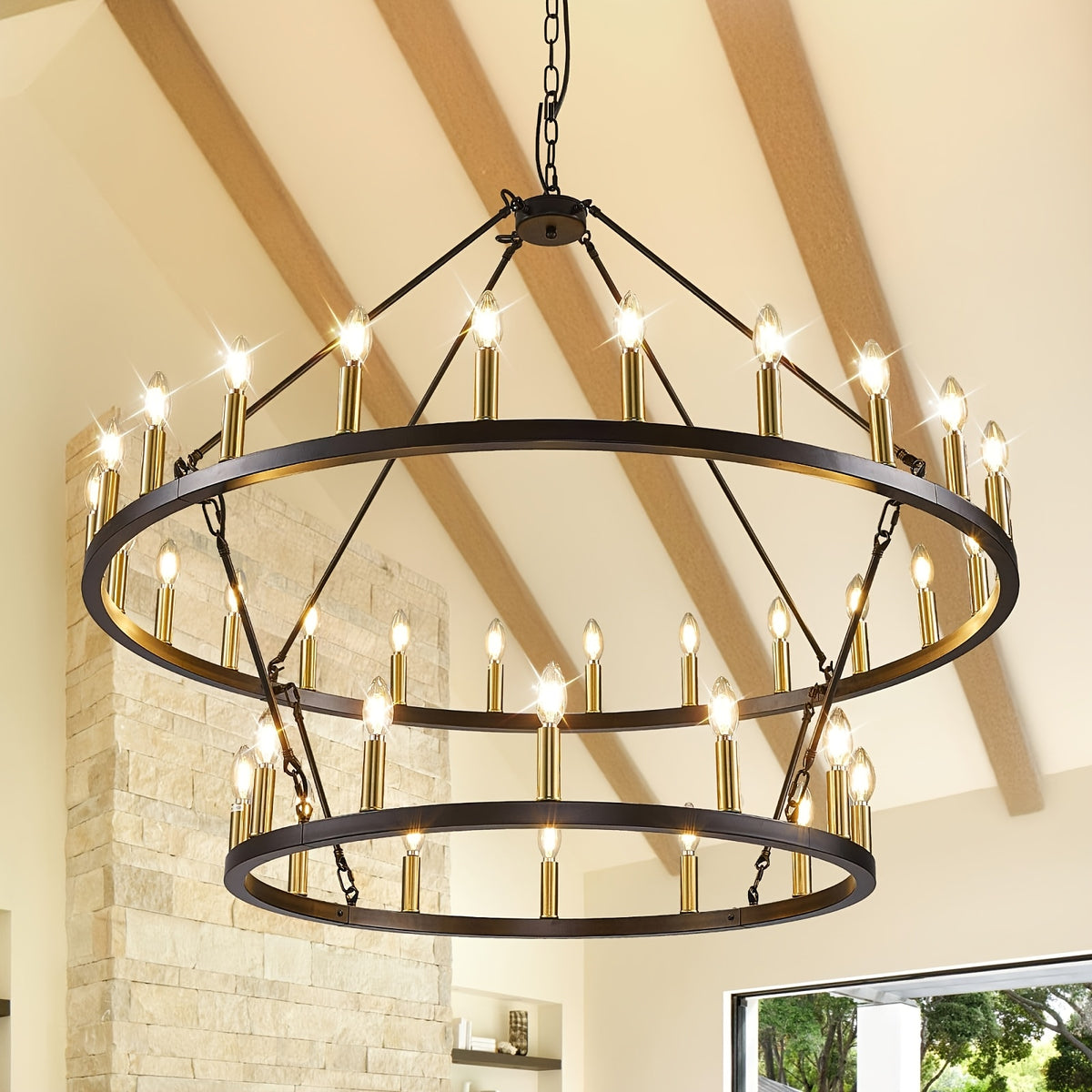 [Modern Farmhouse Chandelier] Modern Farmhouse Chandelier 2 Tier Round Wheel Chandelier Large High Ceiling Light