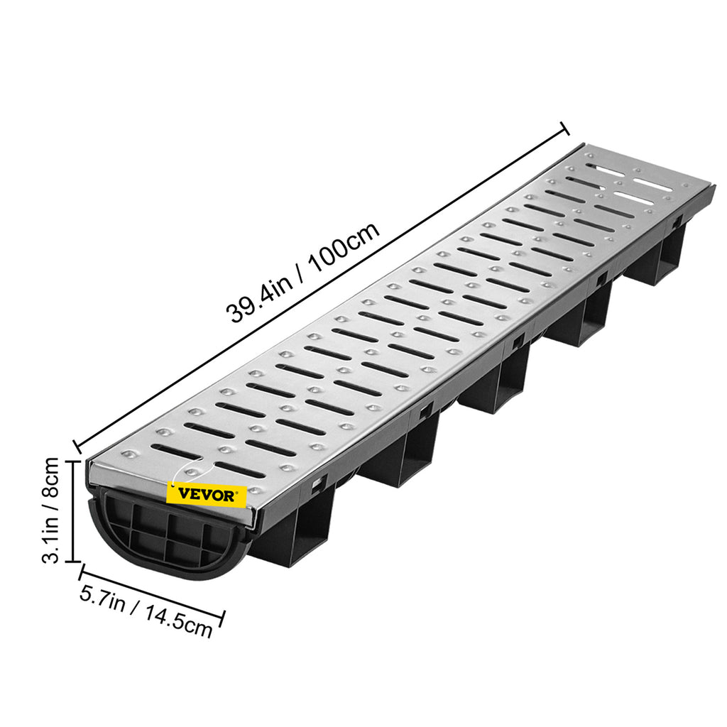 VEVOR Trench Drain System, Channel Drain with Metal Grate, 5.7x3.1-Inch HDPE Drainage Trench, Black Plastic Garage Floor Drain, 5x39 Trench Drain Grate, with 5 End Caps, for Garden, Driveway-5 Pack