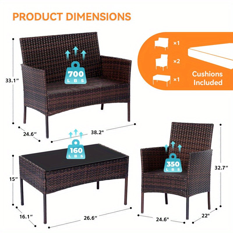 PUPATIOB 4pcs Wicker Patio Conversation Set, Outdoor Rattan Sofas with Table Set, Patio Furniture Set with Soft Cushions & Tempered Glass Coffee Table for Poolside Balcony