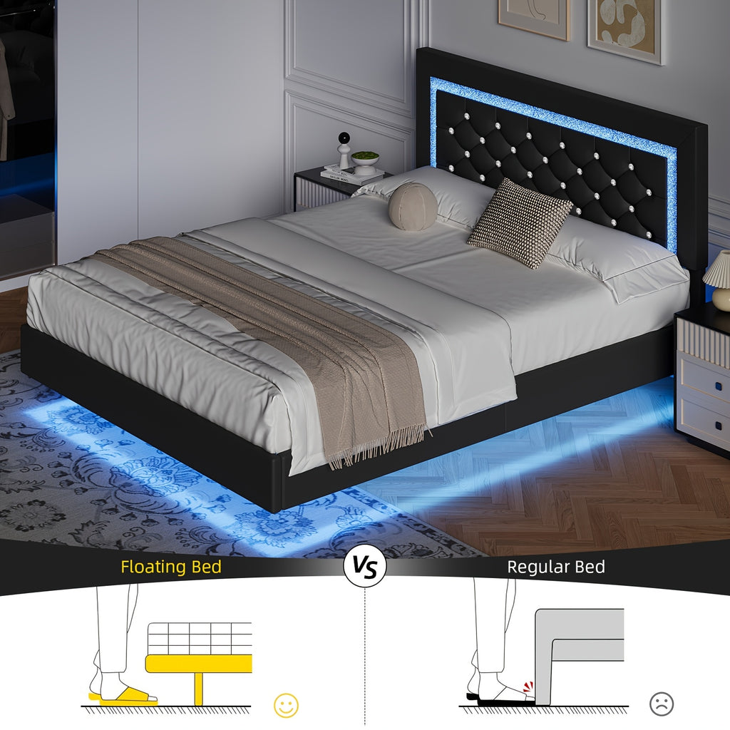 Twin Full Queen King Size Floating Black/White/Pink Bed Frame with LED Lights, Platform Bed with Diamond Tufted Headboard, Wood Bed Frame, Bed Frame Queen Size No Box Spring Needed, Noise Free, Easy Assembly, Black/White/Pink