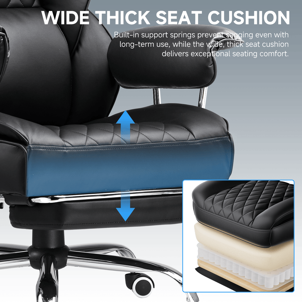 Executive Office Chair for Heavy People, Gaming Chair, Ergonomic Wide Desk Computer Chair with Pocket Spring Lumbar Support, Footrest, Outward Fixed Soft Armrests, High Back PU Leather, Height Adjustable, Big and Tall