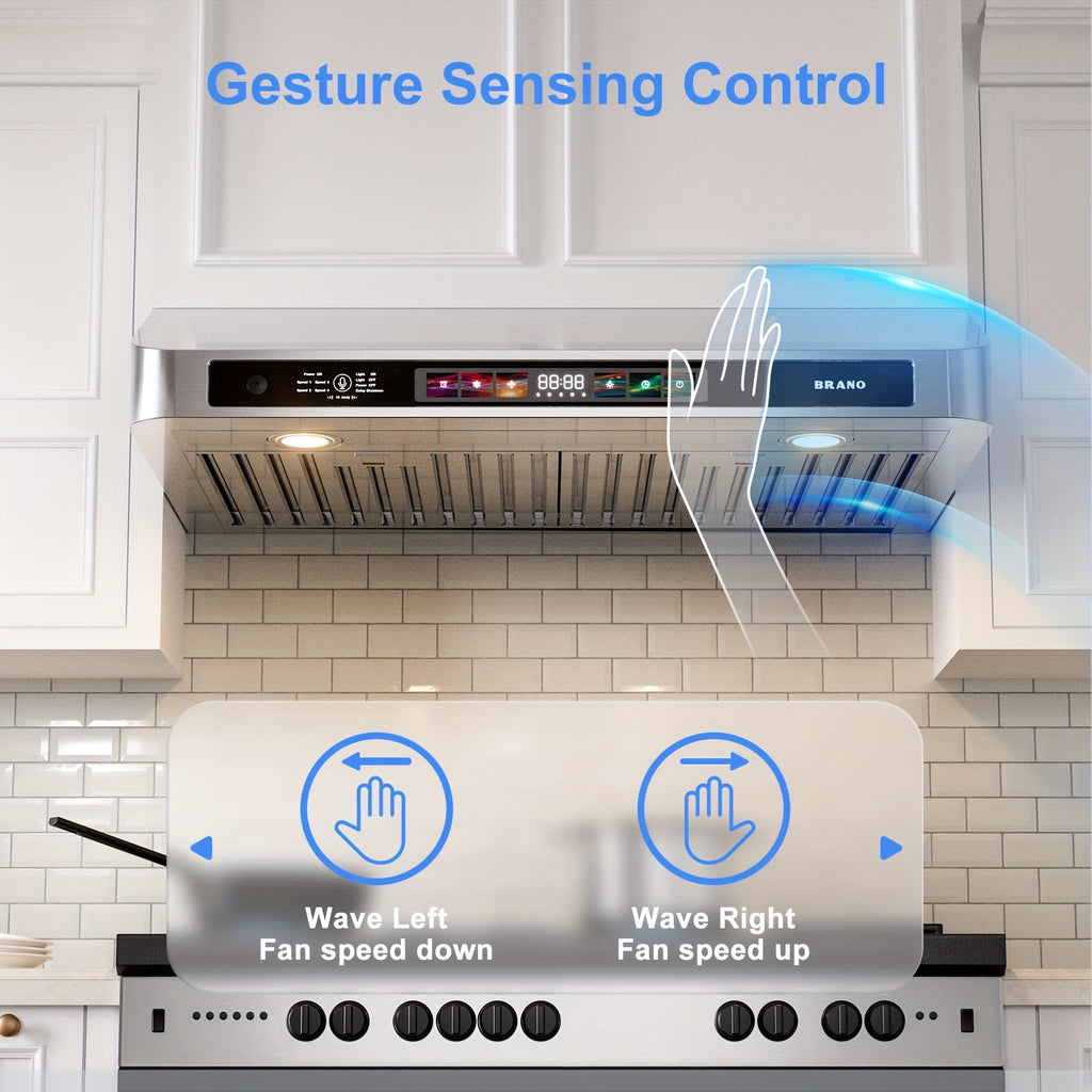 30/36-inch 900 CFM Smart Cabinet Range Hood, Four-speed Wind Control, Voice/gesture/touch Control, Low-noise Design, Stainless Steel + Tempered Glass, Dual Motor Power, Ultra-slim Body, Suitable for Modern Kitchens
