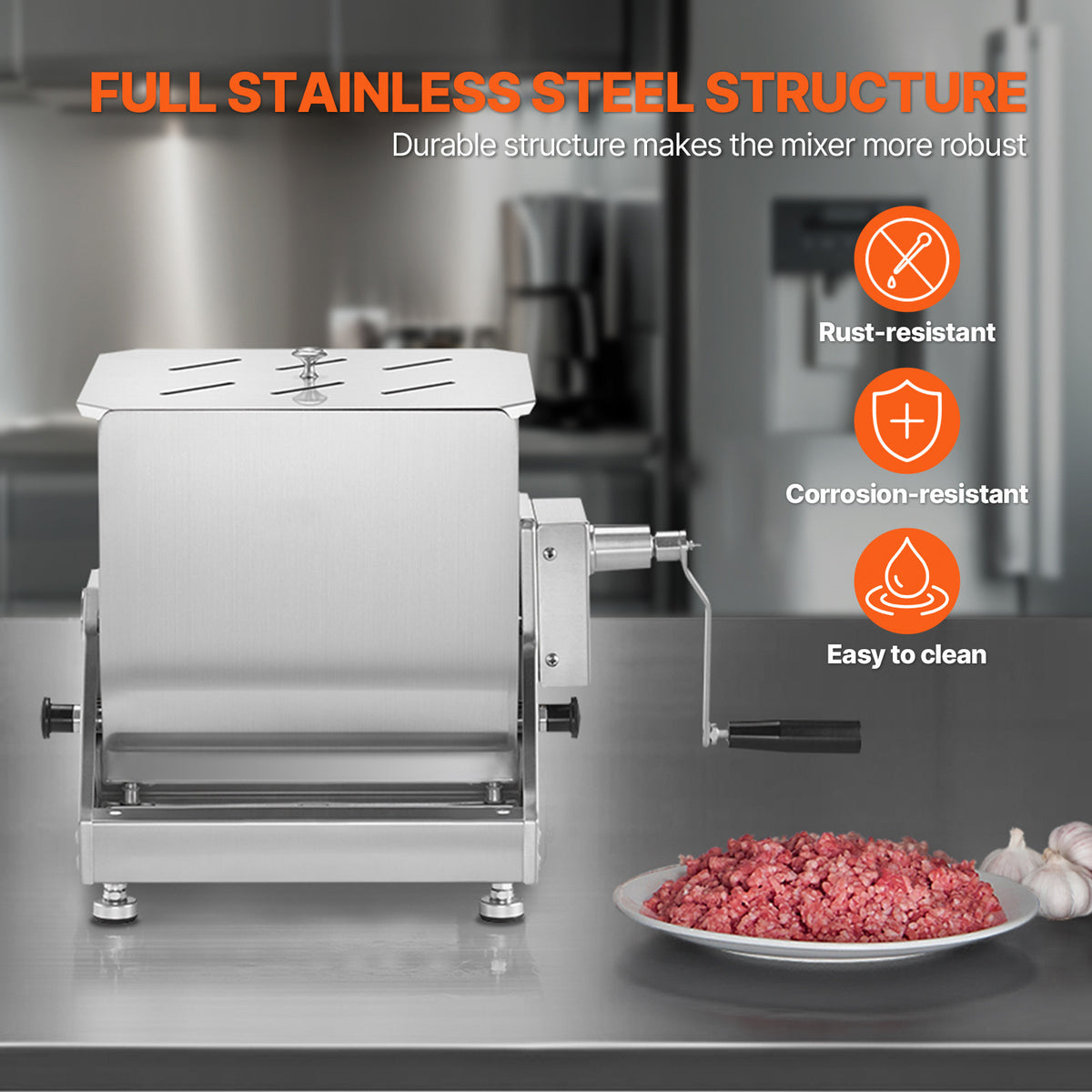 VEVOR Manual Meat Mixer 10L/20L/30L/40L Fixed Tank Mixing Max 60LB for Meat Sausage Mixer, Non-tiltable style/Tiltable style