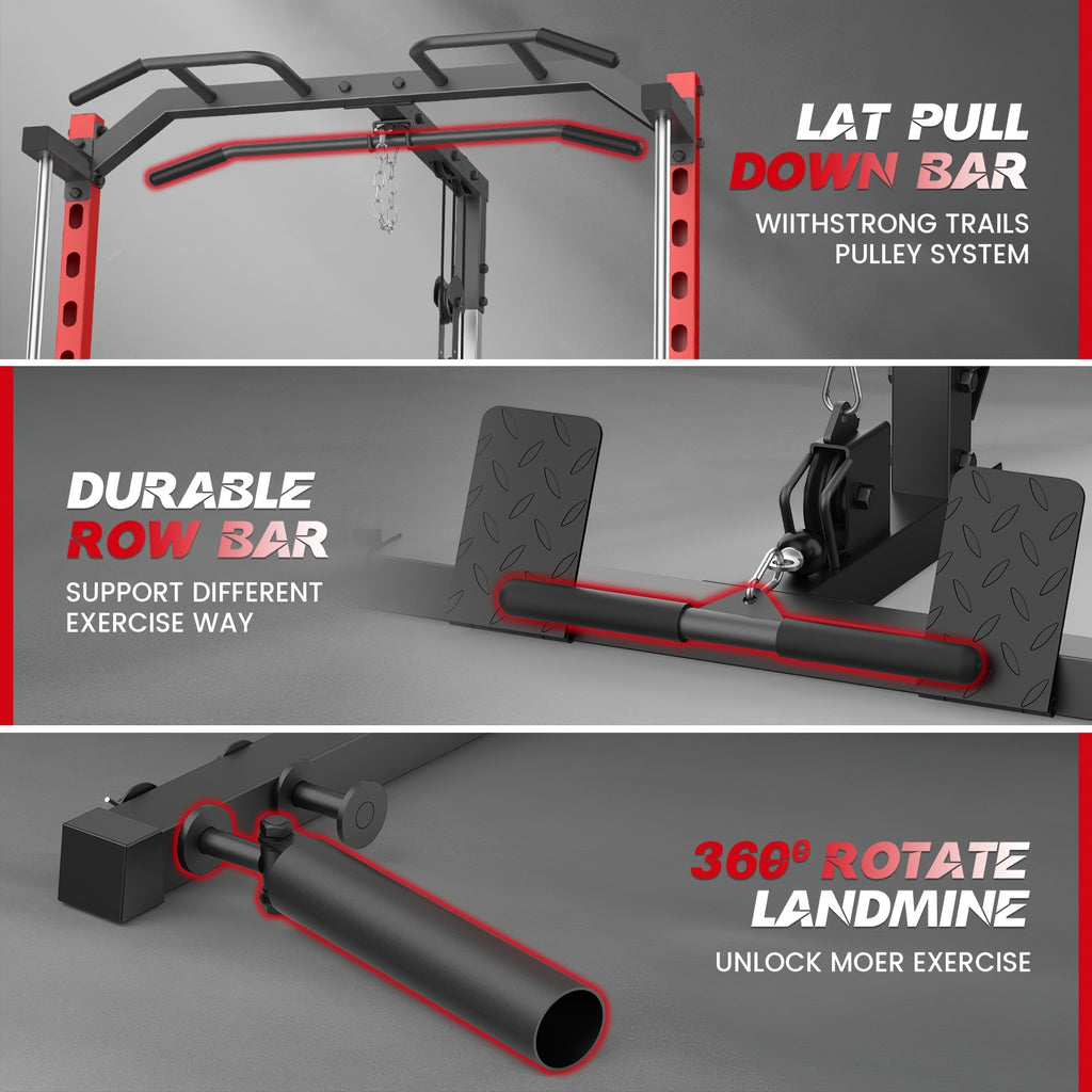 Likein Smith Machine Power Rack with LAT-Pull Down System & Cable Machine, Multi-Function Power Cage with Landmine, Barbell Bar, Plate Storage Pegs And More Training Attachment Squat Rack