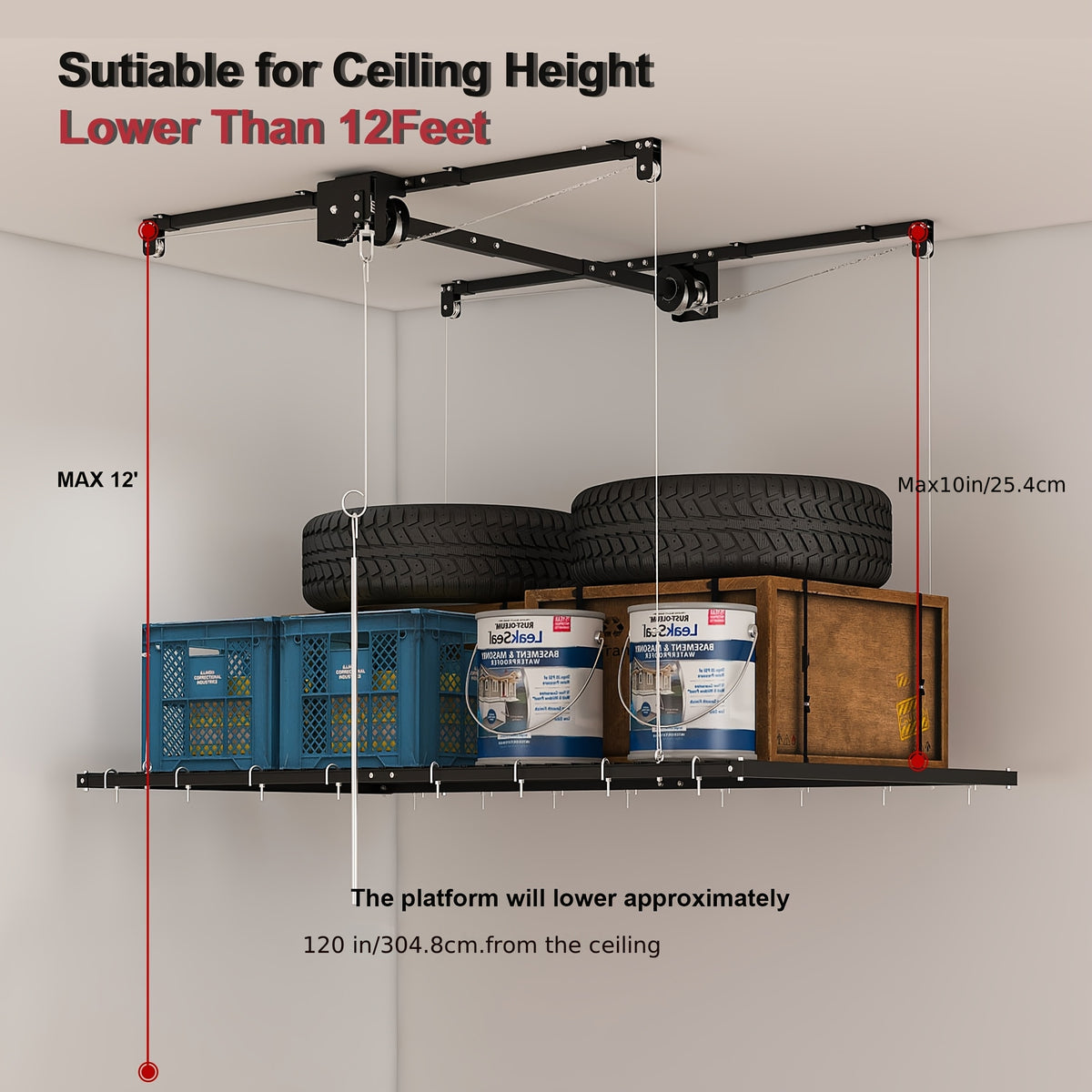 Heavy-Duty Overhead Garage Storage Rack Compatible for High Ceilings 10-12ft, 3x6ft All-Steel Shelving Unit with Safety Lock (Installation Required) - 270 Capacity Per Panel, Carbon Steel Construction for Attic, Workshop, Garage - Space-Saving